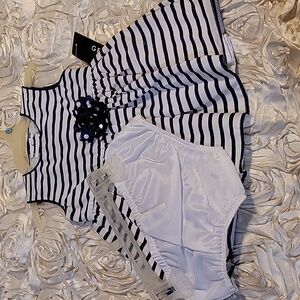 Toddler Dress Navy & White Stripes Floral Accent W/Bloomers